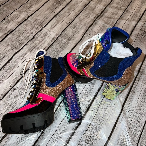 Sequin Combat Platform Heel Booties - Picture 5 of 15